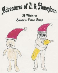 Book cover is a hand drawn image of Zi and Honeybun wearing Santa hats
